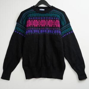 Vintage 70s Meister Black Rainbow Wool Nordic Snowflake Ski Sweater Women’s M
